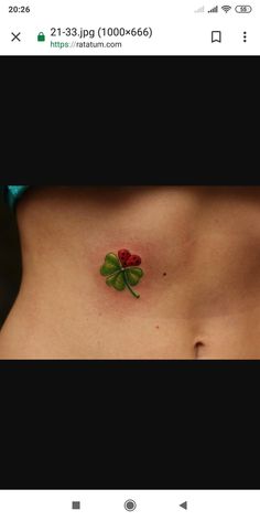 a woman's stomach with a four leaf clover tattoo on the side, and an image of a ladybug