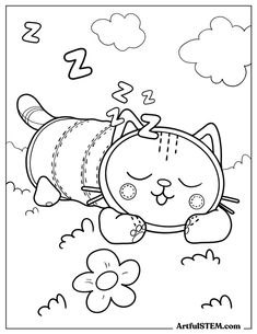 a black and white drawing of a cat sleeping on the ground with clouds in the background