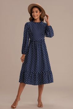 Blue Long Sleeve Round Neck Polka Dot Midi Dress - Hot Sale - Petallush Fall Blue Midi Dress With Buttons, Spring Polka Dot Long Sleeve Midi Dress, Polka Dot Knee-length Midi Dress For Spring, Blue Midi Dress With 3/4 Sleeves For Summer, Polka Dot Dress Summer, Botas Outfit, Movie Core, Lomg Sleeve Polka Dot Midi Dress, Floral Print Short Dress