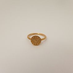 Unique 14K / 18K Solid Gold Ring for Woman, Dainty Mandala Yellow, White or Rose Gold Ring. Very light weight and delicate gold ring. The shape of the band is round and dainty with a round detailed floral coin on top. The simple shapes and complex pattern create a unique design that reflects lights and shadows in an endless movement. I like the light and shadows to bring life and soul into the gold. This ring is delicate and very comfortable to wear daily. Would make a great wedding or statement Recycled Yellow Gold Rings For Wedding, Gold Stackable Wedding Rings From Recycled Gold, Recycled Yellow Gold Wedding Rings, Wedding Rings In Recycled Yellow Gold, Delicate Gold Plated Ring, Delicate Recycled Gold Ring, Dainty Recycled Gold Signet Ring For Wedding, Yellow Gold Promise Flower Ring, 22k Gold Flower Ring As Gift