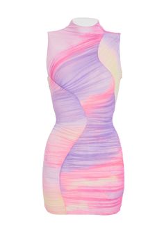 Dawn Dress 90s Fashion Colorful, Fitted Multicolor Sheer Mini Dress, 90s Mini Dress Pink, Ombre Fashion Runway, Pink Sleeveless Sheer Mini Dress, Sunset Tie Dye, Fitted Sleeveless Tie Dye Mini Dress, Pastel Dresses, Sleeveless Mock Neck