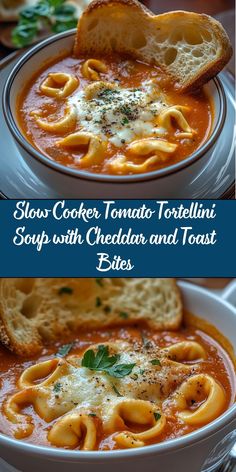 This comforting Slow Cooker Tomato Tortellini Soup combines rich tomato flavors with tender cheese-filled tortellini, all topped with melted cheddar cheese and accompanied by crispy toast bites. It's an easy, hearty meal perfect for any day of the week. Tomato Soup With Tortellini Easy, Cheese Tortellini Tomato Soup, Crockpot Tomato Tortellini Soup, Tortellini Soup Tomato, Tomato Tortellini Soup Easy, Slow Cooker Tomato Tortellini Soup, Tomato Tortellini Soup Crockpot, Tortellini Soup Instant Pot, Tomato Soup With Tortellini