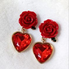 Red Rose Heart Earrings Ruby Heart Earrings, Red Stud Earrings, Pink Halo, Red Earrings Stud, Hand Painted Beads, Red Heart Earrings, Ruby Heart, Pendant Sets, Red Studs