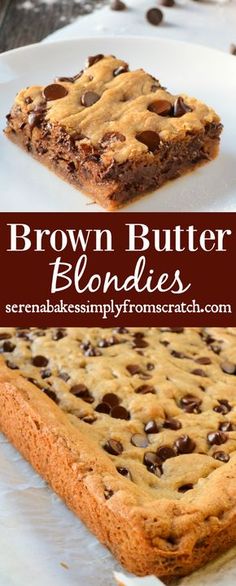 brown butter blondies on a white plate with chocolate chips in the middle and text overlay