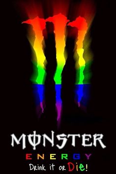 the words monster energy drink it or die on a black background with rainbows and rays