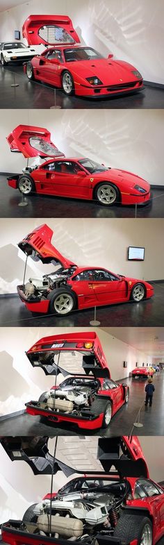 three photographs of different cars on display in a showroom