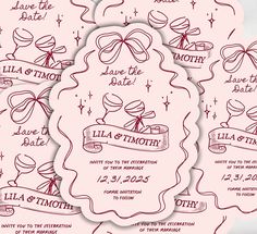 wedding save the date cards with ribbons and bows on them, in red ink against a pink background