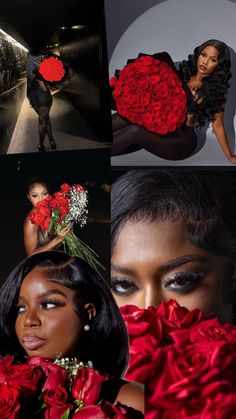 a collage of photos with red roses and a woman in black dress holding flowers