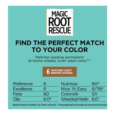 Rescue your roots between colorings with this 10-minute permanent root touch-up. It's quick precision applicator makes touching up roots fast and easy and it covers 100 % of your grays. Magic Root Permanent matches any shade including professional salon colors from black to light blonde. L'Oreal Paris Magic Root Rescue 10 Minute Root Hair Coloring Kit, 6 Light Brown, 1 kit; L'Oreal Paris Magic Root Rescue permanent root kit provides a quick fix between salon appointments or at-home colorings 100 Salon Colors, Cover Gray Hair, Medium Golden Brown, Hair Color Brands, Root Color, Covering Gray Hair, Root Touch Up, Gray Coverage, Color Kit