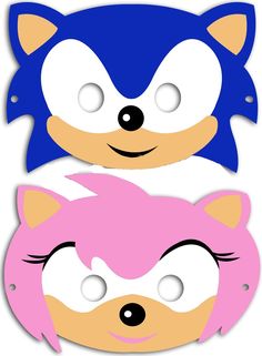 two masks that have different faces and ears on each face, one is blue and the other has pink hair