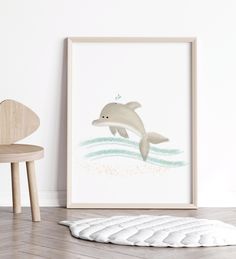 a dolphin is jumping out of the water in a room with a chair and rug