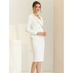 Elevate your professional wardrobe with the Allegra K Women's Business Suit, featuring a chic tweed trim blazer and skirt set. This ensemble is perfect for a variety of occasions, from office settings to social gatherings.

- Material: High-quality fabric blend for durability and comfort
- Color: Classic White
- Size: X-Small
- Gender: Female
- Age Group: Adult

The two-piece set includes a sophisticated blazer and a matching skirt, both designed to offer a flattering fit and a polished look. Th White Long Sleeve Skirt Suit For Work, Spring Tailored Skirt Suit For Office, Office Lady Skirt Suit With Suit Collar For Spring, Tailored Skirt Suit For Office Wear In Spring, Professional Skirt Suit For Fall Workwear, Office Lady Skirt Suit For Fall Workwear, Fitted White Blazer For Office, Fall Office Lady Skirt Suit For Workwear, White Fitted Office Lady Blazer