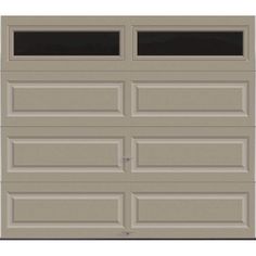 an overhead garage door with no glass on the top and bottom panel, in light brown