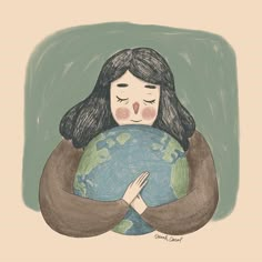 a drawing of a girl hugging the earth with her hands on her chest and eyes closed