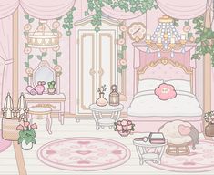 a cartoon bedroom with pink furniture and flowers on the bed, rugs and curtains