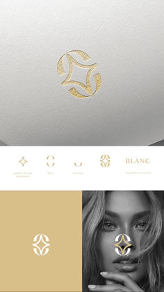 the logo for blancc cosmetics is shown in gold on white and black, with an image of a woman holding her hand up to her face