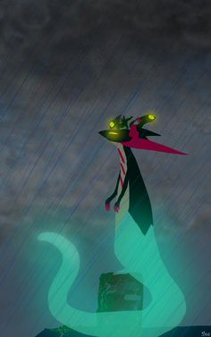 an animated character standing on top of a rock under a cloudy sky with green light