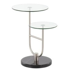 two glass tables with metal legs on a white background, one is round and the other has