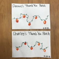 two pieces of paper taped to each other with oranges on them and the words charlotte's thumb thin patch