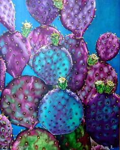 a painting of many different colored cactuses