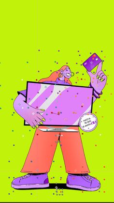 a man holding a large purple object in his hands with confetti all around him