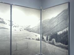 two panels with mountains and trees painted on them in a room that has white walls