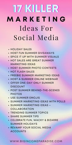 a pink and blue poster with the words 17 killer marketing ideas for social media on it