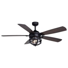 a black ceiling fan with three lights on it's blades and two dark wood blades