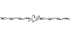 a black and white photo of a bird on a barbed wire fence with the word love written in it