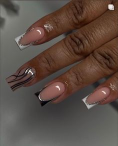 Cheap But Cute Nails, French Tip And Silver Nails, Classy Birthday Nails Short, Acrylic Nails For Birthday, Pink And Silver Acrylic Nails, Medium Length Nail Designs, Nails With Chrome Design, Hoco Nails Acrylic, Nail Ideas Chrome