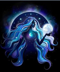 a woman with long hair holding a moon in her hand