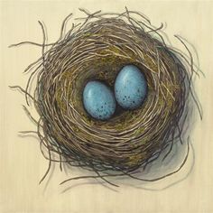 two blue eggs sitting in a nest on top of a white surface with brown twigs