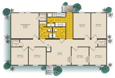 the floor plan for an office building with two rooms and three bathrooms, including one living room