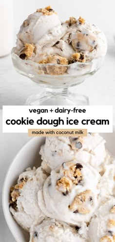 two bowls filled with ice cream on top of a white counter next to a glass bowl full of cookies