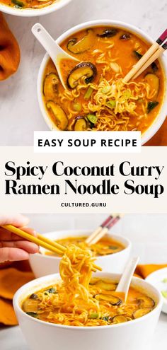 two bowls of spicy coconut curry ramen noodle soup