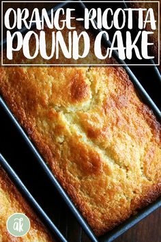 orange ricotta pound cake cooling on a rack with the words orange ricotta pound cake above it