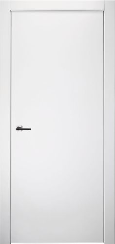 an empty white door with a black handle on it's left side and the bottom part of the door partially open