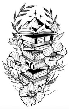 a stack of books with flowers around it