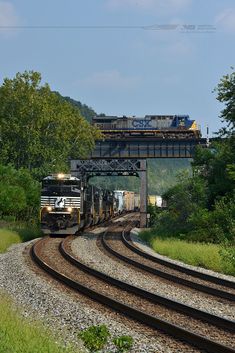 a train traveling down tracks next to a forest