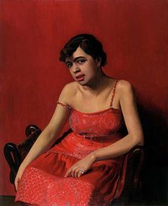 a painting of a woman in a red dress sitting on a chair with her eyes closed