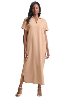 A lightweight, one-and-done outfit for any warm day! Features a sophisticated pointed collar and feminine side slit. Pair with your favorite sneakers or sandal for on-the-go style.  Shift silhouette V-neckline Pointed collar Short cuff sleeves Side slit at hem 55" length Linen/rayon Machine washable Imported  | Plus Size Women's Linen Short Sleeve Maxi Dress by Jessica London in New Khaki (Size 24 W) Linen Shorts Women, Short Sleeve Maxi Dress, Short Sleeve Maxi Dresses, Linen Short, Sleeve Maxi Dress, Dresses By Length, Maxi Dress With Sleeves, Dress Suits, Linen Women