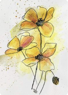 three yellow flowers are shown on a white paper with watercolor paint splatters