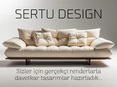 a white couch with pillows on it in front of a gray background and the words sertudesign