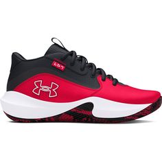 the under armour shoes are red and black with white accents on the upper part of the shoe