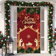 an open door with christmas decorations on it