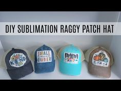 four hats with the words diy submation raggy patch hat