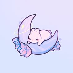 a cartoon bear sleeping on the moon with flowers around its neck and wings flying in the sky