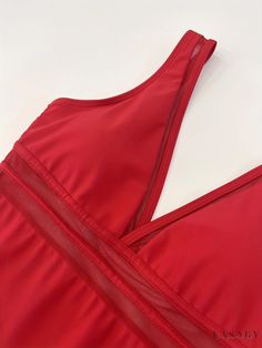 Lasaky - Premium Womens Red Contrast Mesh One Piece Swimsuit with V Neck, Tummy Control and High Cut Design - Ideal Swimwear & Clothing for Fashion-Forward Individuals Red Tankini With Built-in Bra For Summer, Red Stretch Tankini For Party, Fitted Red Tankini With Built-in Bra, Red One-piece Lined Tankini, Red Sleeveless Tankini With Lined Body, Red Halter Neck Bodysuit With Lined Body, Red V-neck Bodysuit For Vacation, Swimwear Outfit, Pajama Top