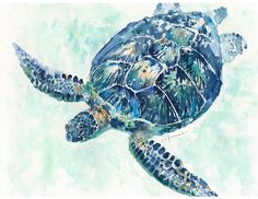 a watercolor painting of a sea turtle swimming in the ocean with blue and green colors