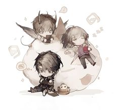 three anime characters sitting on top of a white object